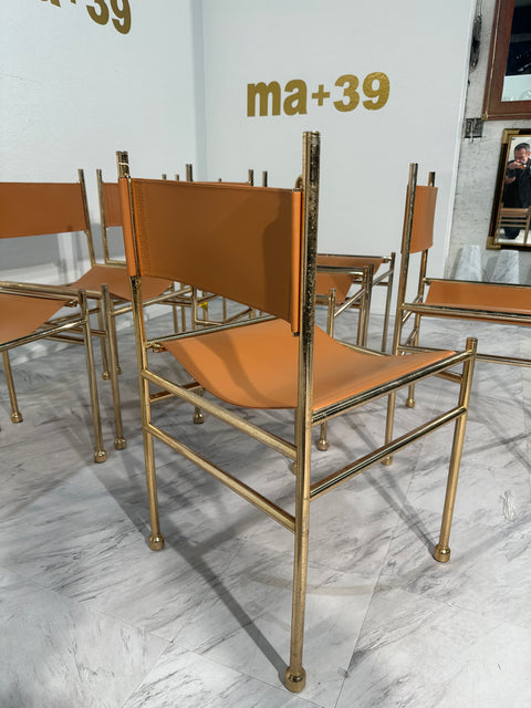 Set of 6 Mid Century Italian Leather and Brass Dining Chairs 1980s