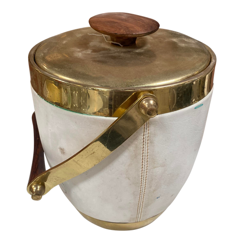 1970s Italian Brass and White Leather Ice Bucket with Rosewood Handle
