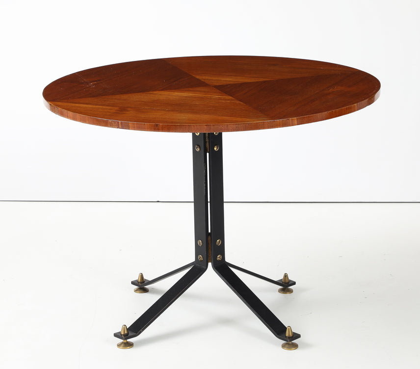 Carlo Ratti Geometric Walnut Round Table with Iron Base, Italy, 1950s