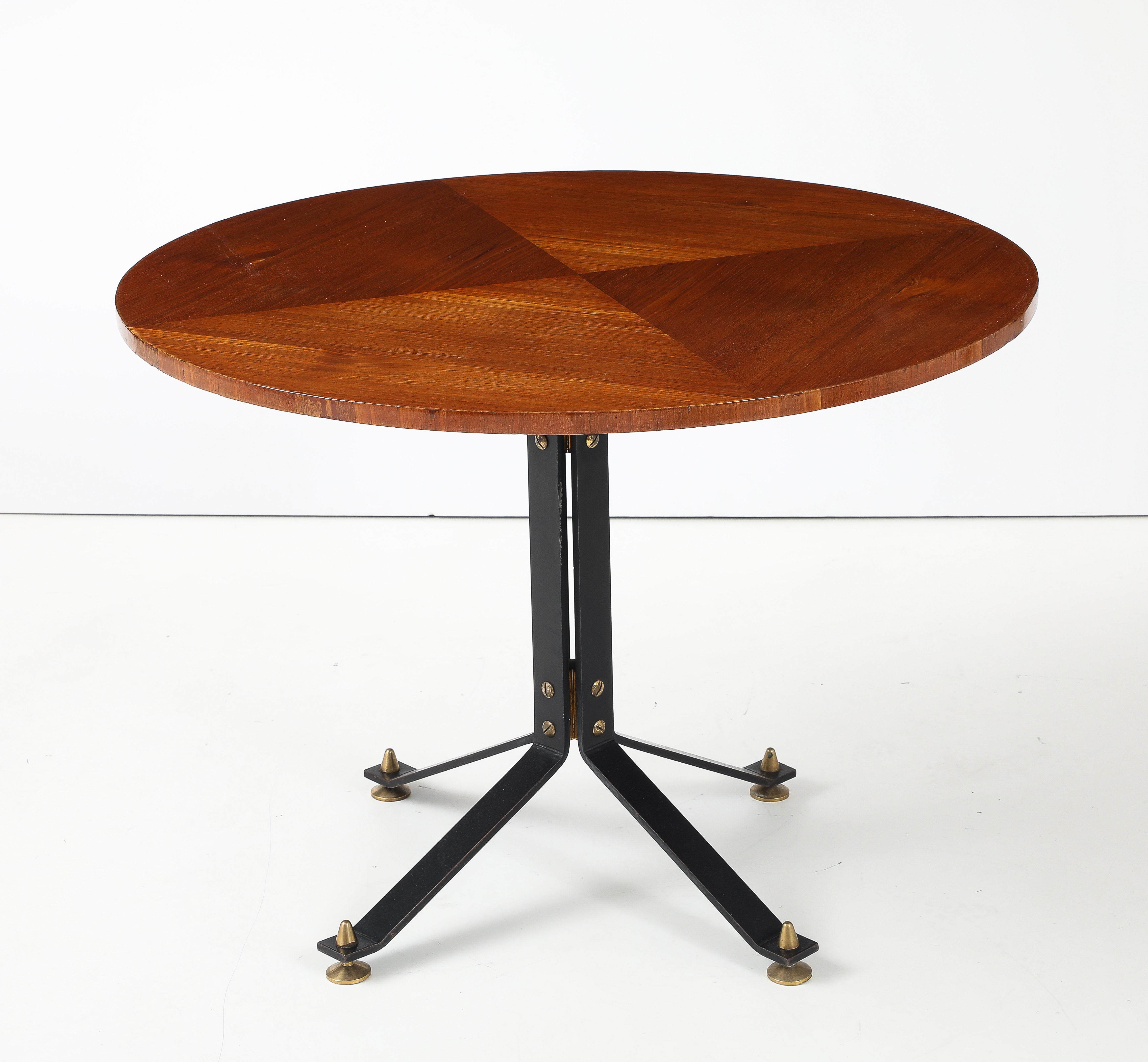 Carlo Ratti Geometric Walnut Round Table with Iron Base, Italy, 1950s