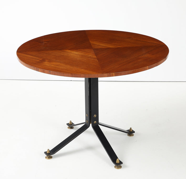 Carlo Ratti Geometric Walnut Round Table with Iron Base, Italy, 1950s