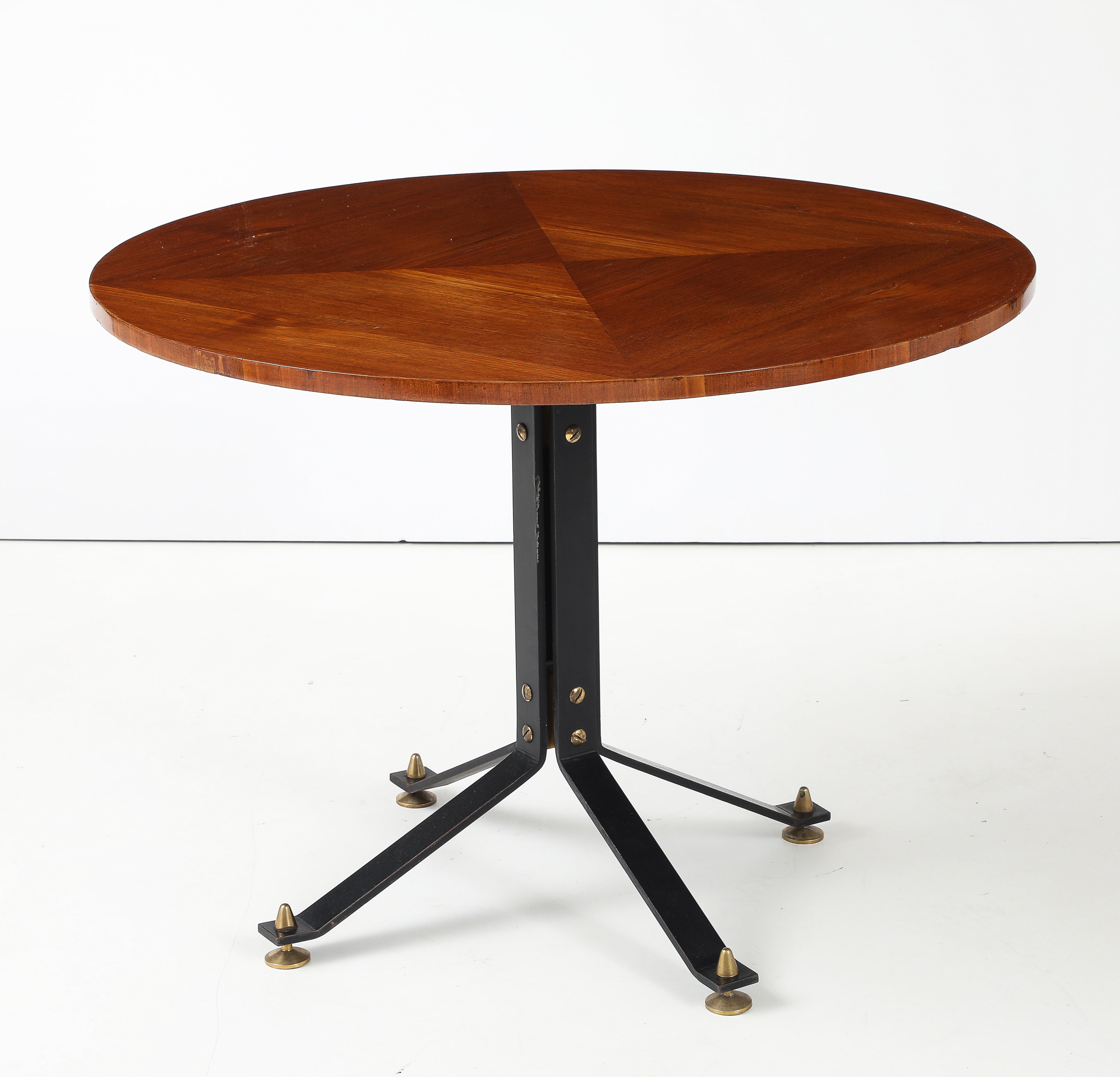 Carlo Ratti Geometric Walnut Round Table with Iron Base, Italy, 1950s