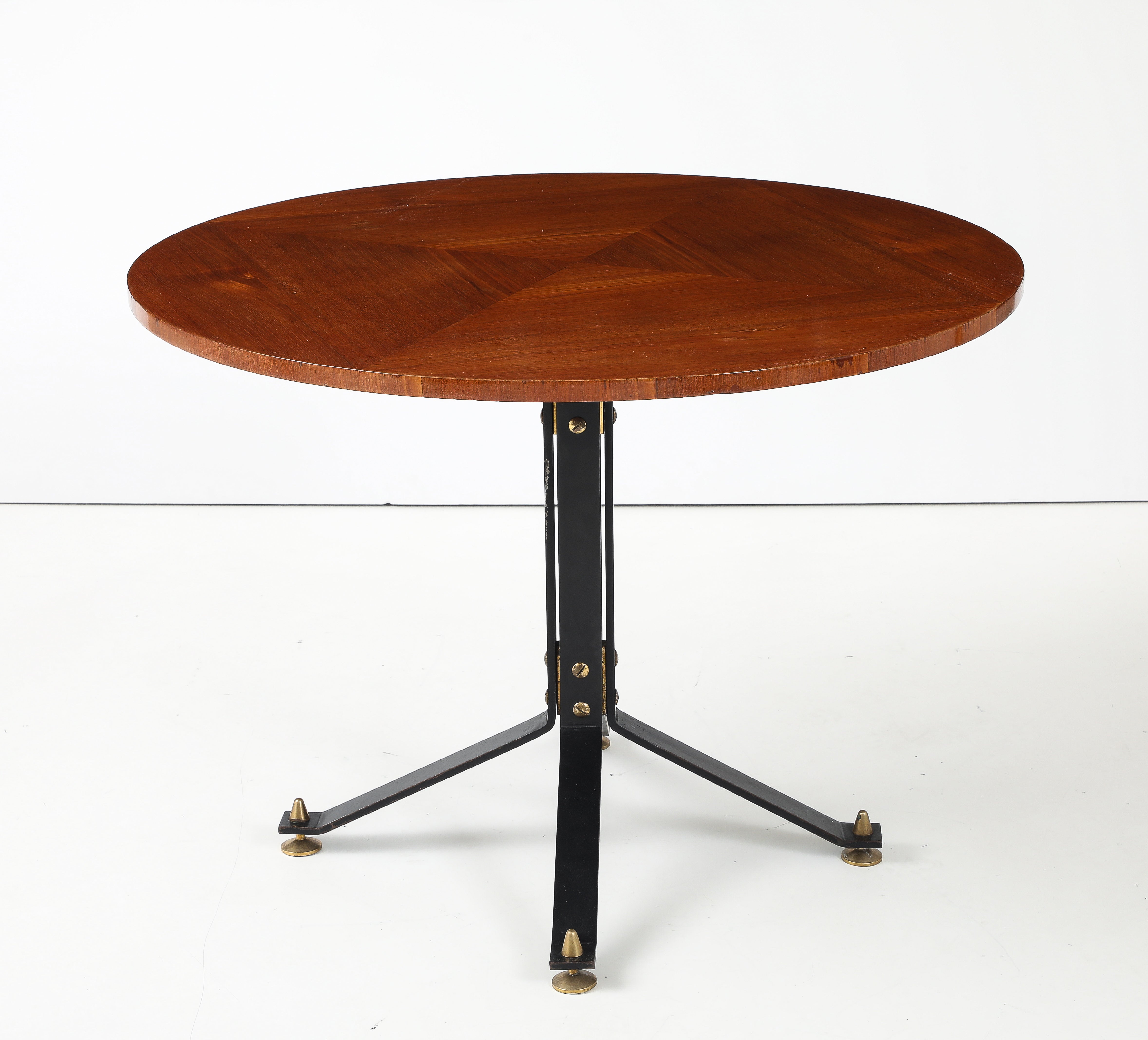 Carlo Ratti Geometric Walnut Round Table with Iron Base, Italy, 1950s