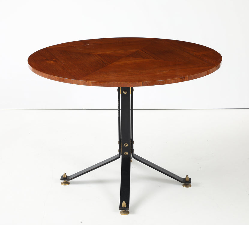 Carlo Ratti Geometric Walnut Round Table with Iron Base, Italy, 1950s