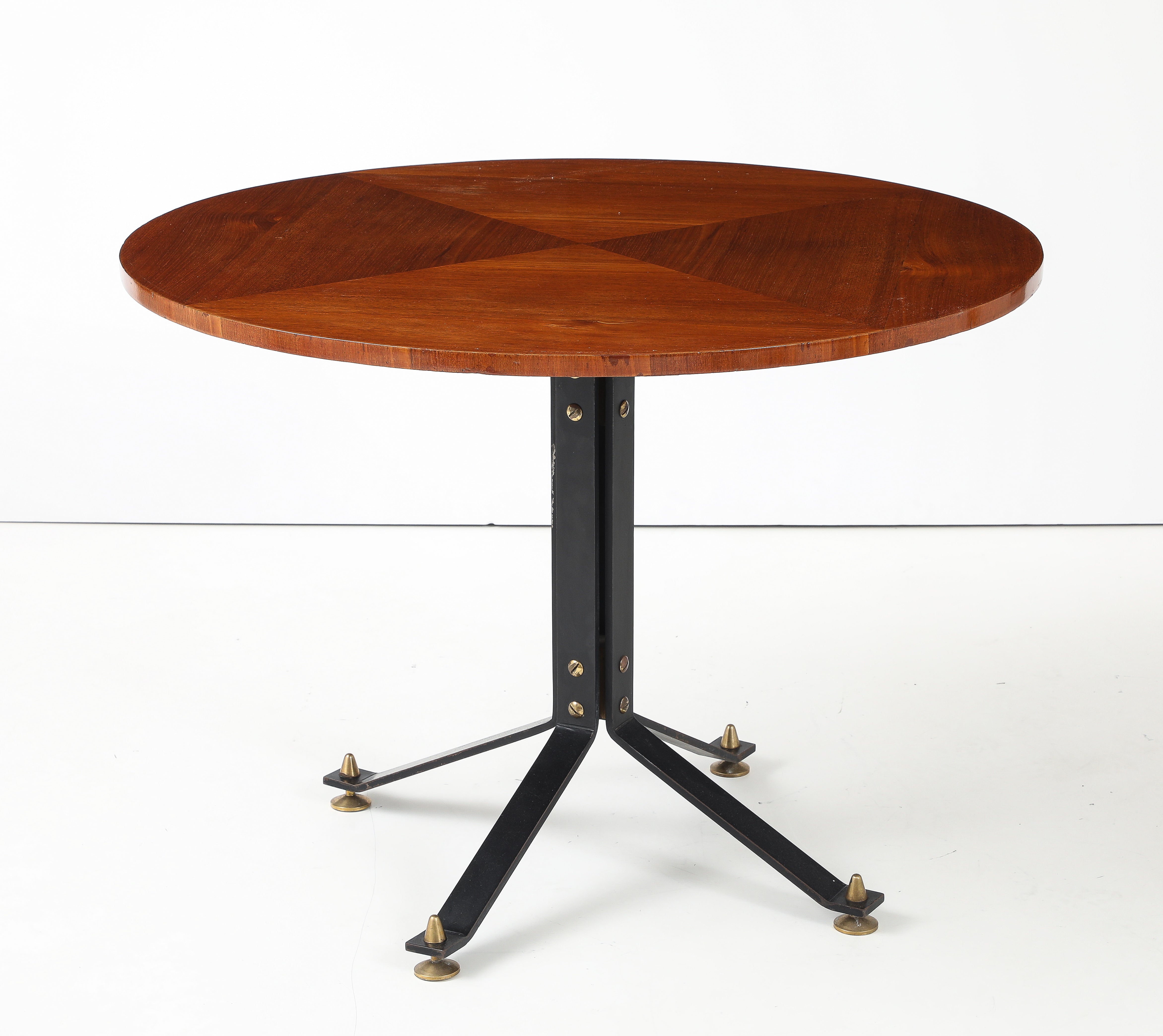 Carlo Ratti Geometric Walnut Round Table with Iron Base, Italy, 1950s