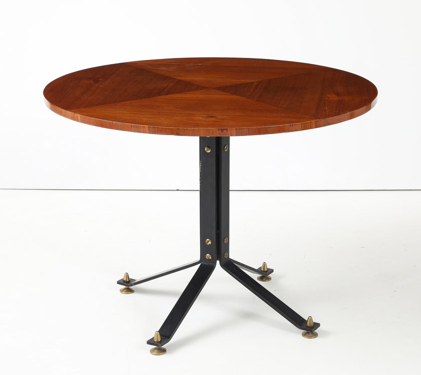 Carlo Ratti Geometric Walnut Round Table with Iron Base, Italy, 1950s