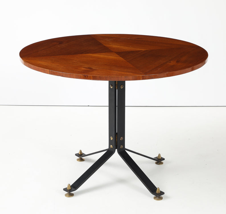 Carlo Ratti Geometric Walnut Round Table with Iron Base, Italy, 1950s