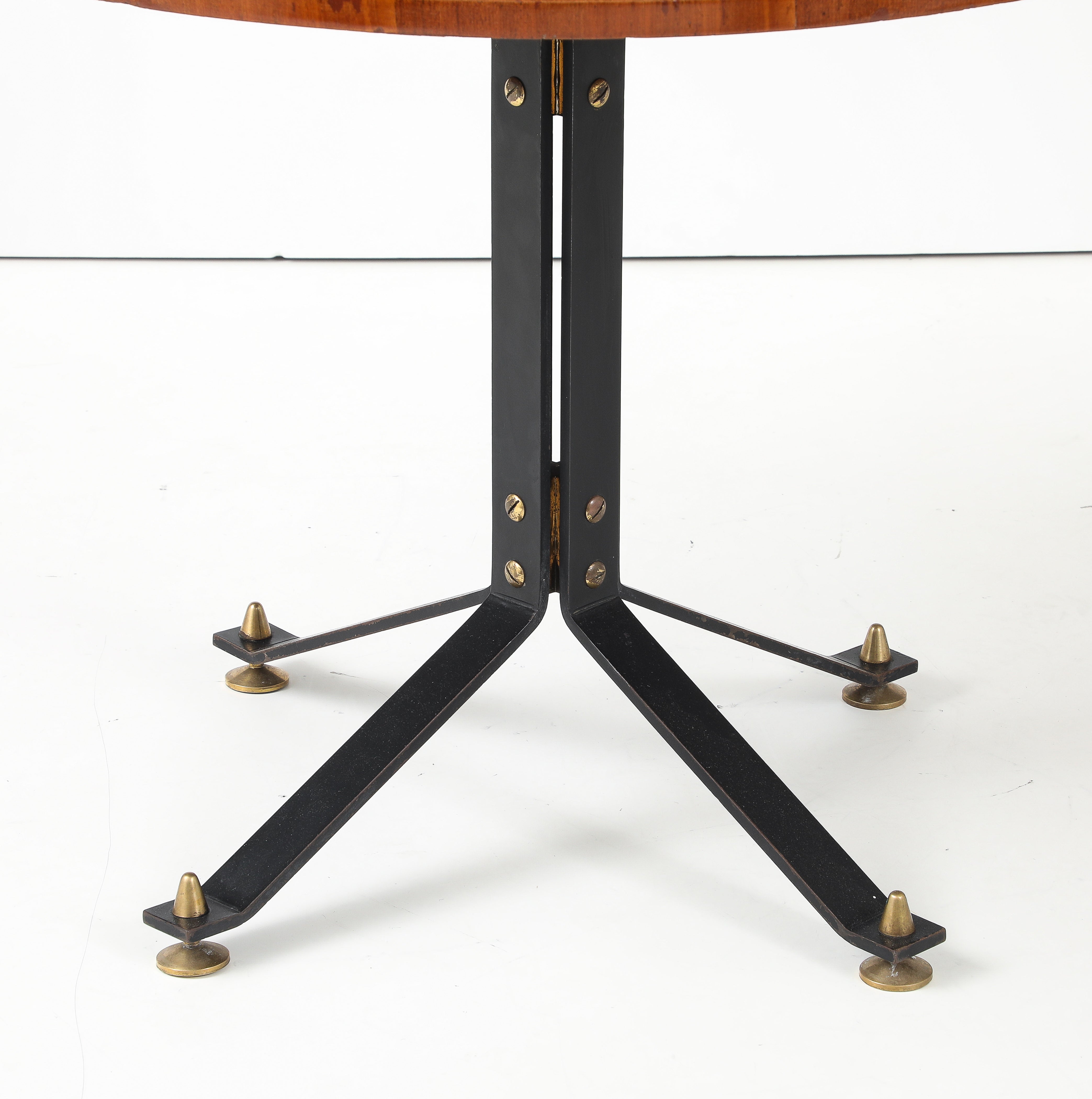 Carlo Ratti Geometric Walnut Round Table with Iron Base, Italy, 1950s