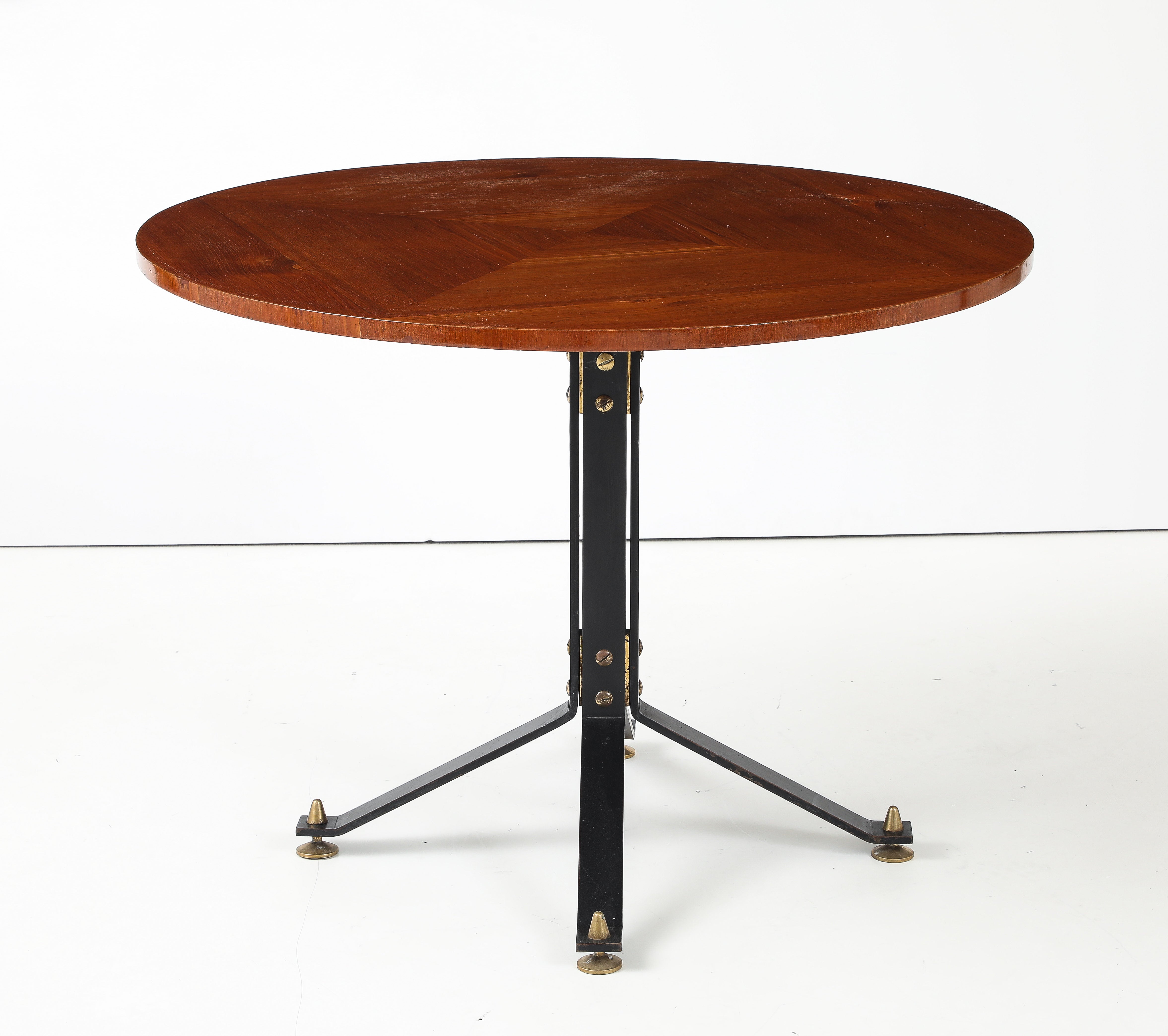 Carlo Ratti Geometric Walnut Round Table with Iron Base, Italy, 1950s