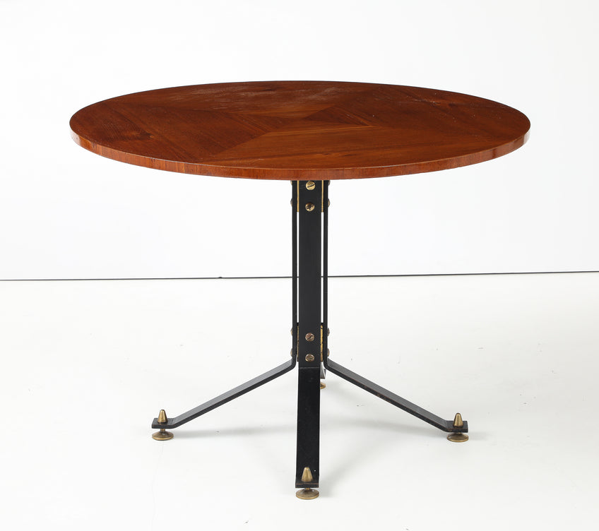 Carlo Ratti Geometric Walnut Round Table with Iron Base, Italy, 1950s