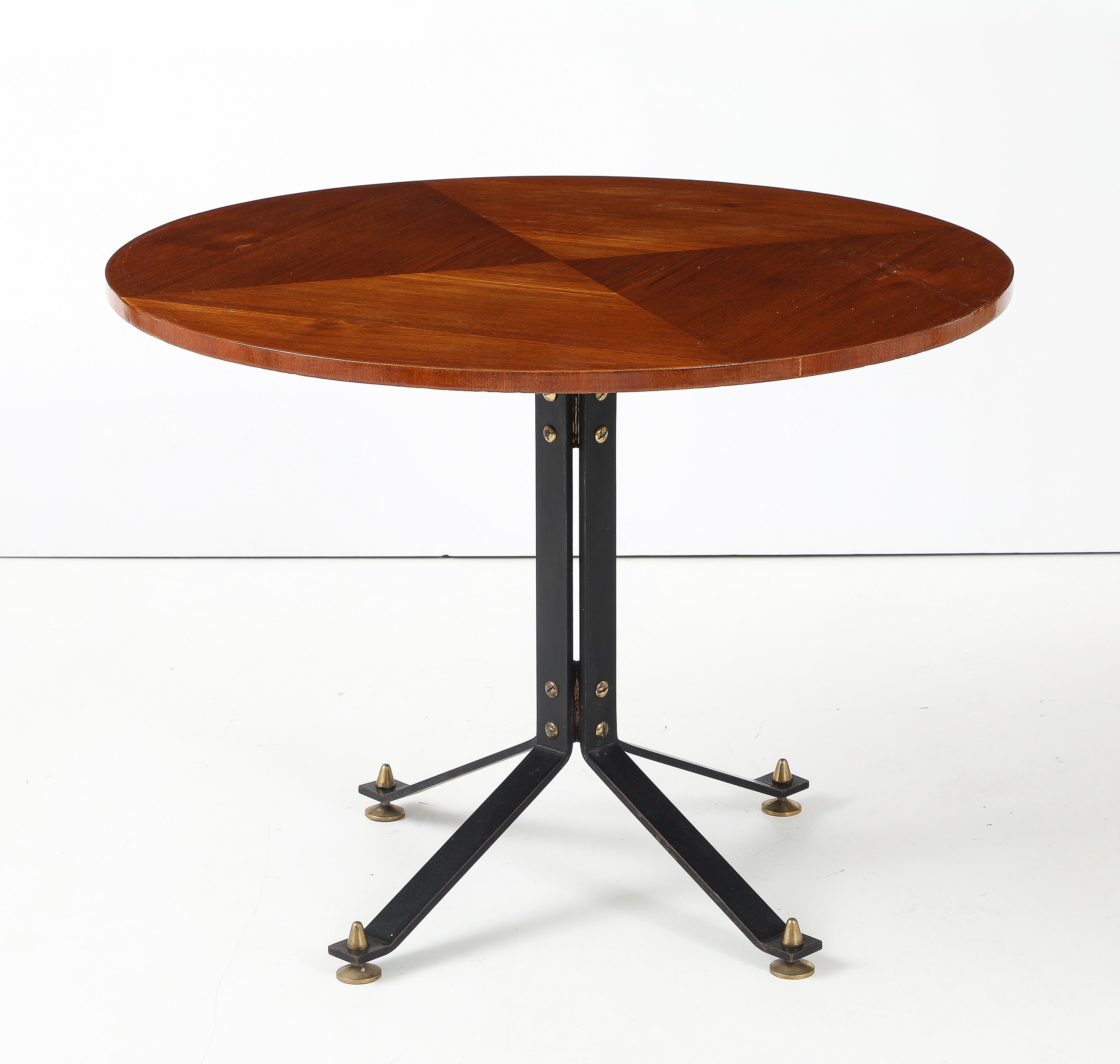 Carlo Ratti Geometric Walnut Round Table with Iron Base, Italy, 1950s