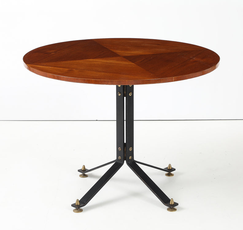Carlo Ratti Geometric Walnut Round Table with Iron Base, Italy, 1950s