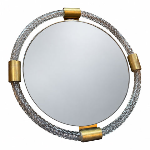Round Murano Glass and Brass Wall Mirror 1970s