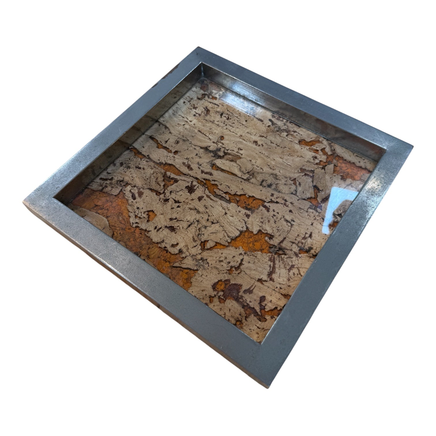 Vintage Square Tray with Cork Inlay and Metal Frame