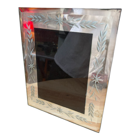 Vintage Italian Hand-Etched Glass Picture Frame with Floral Motif, 1970s