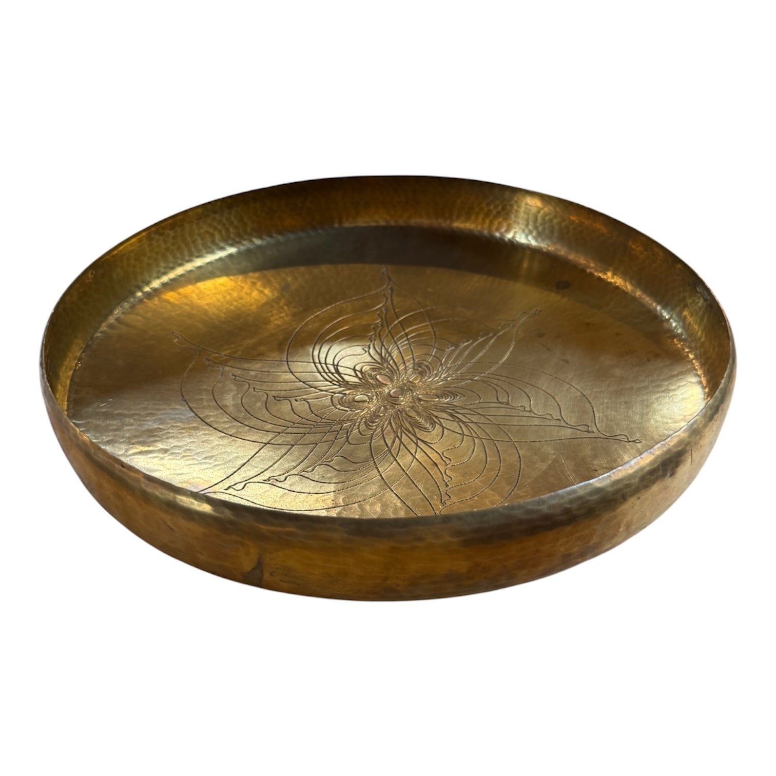 Hand-Hammered Brass Centerpiece Bowl with Engraved Floral Motif, 1970s