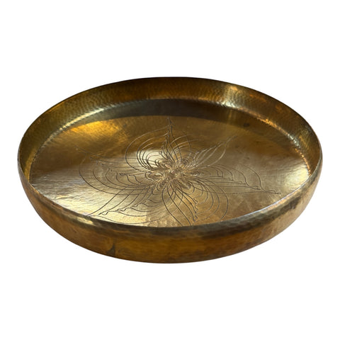 Hand-Hammered Brass Centerpiece Bowl with Engraved Floral Motif, 1970s