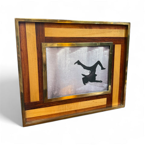 Mid-Century Modern Brass and Inlaid Wood Photo Frame