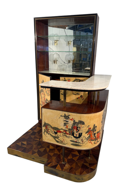 Italian Bar Cabinet with Reverse Painted Panels and Marble Top, 1950s Attributed to Ico Parisi