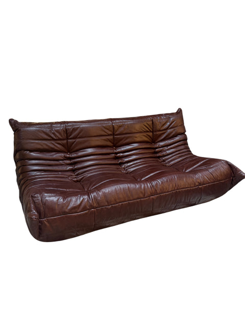 Michel Ducaroy “Togo” Three-Seat Sofa in Deep Brown Leather for Ligne Roset