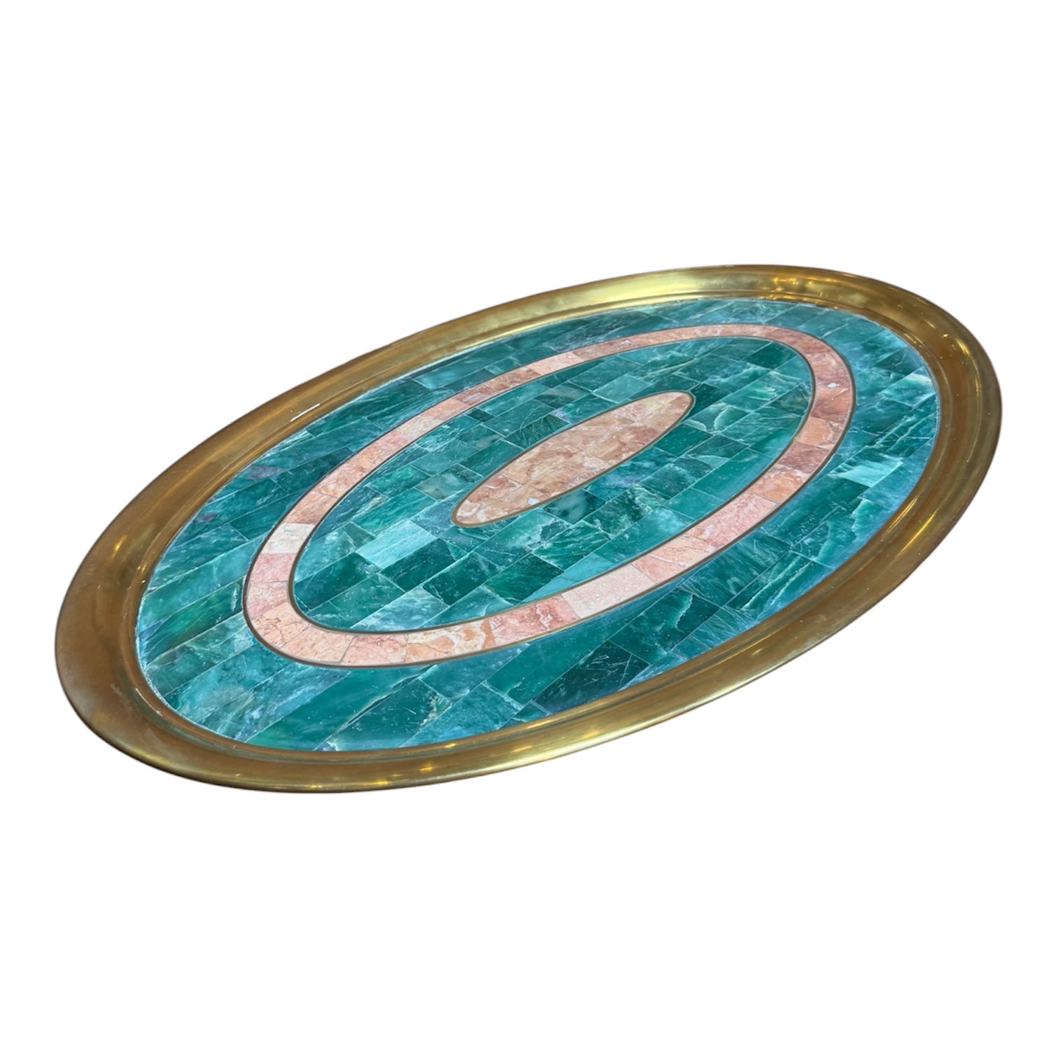 Italian Mid-Century Brass and Stone Inlay Oval Tray, 1970s