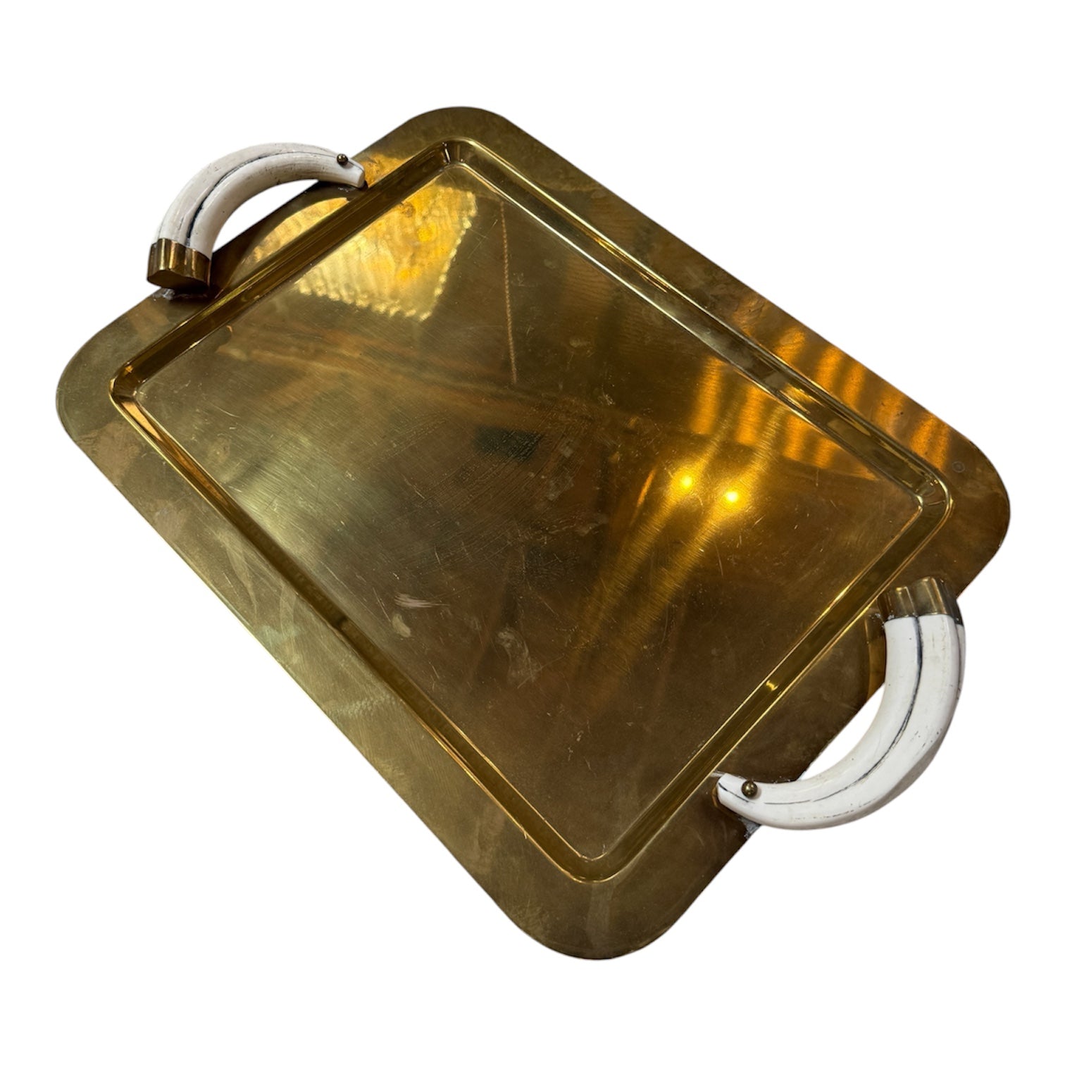 Italian Mid-Century Brass Serving Tray with Tusk Handles, 1970s