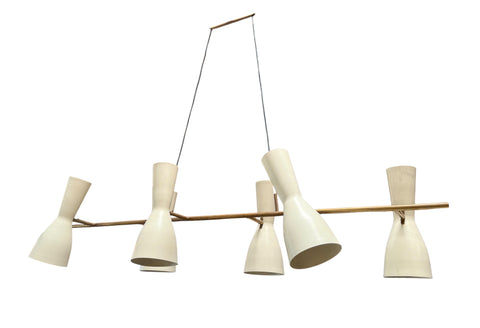 Stilnovo Chandelier in Brass and Cream Enamel. Italy, 1950s