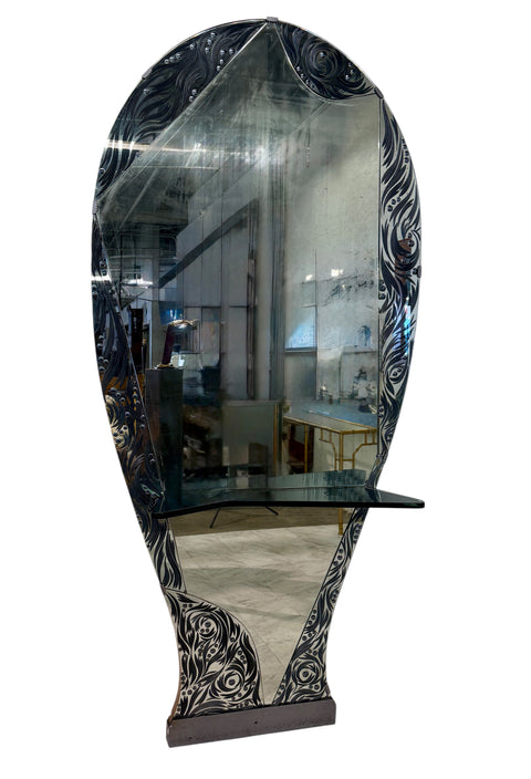 Murano Etched Glass Floor Mirror with Integrated Console Shelf 1950s