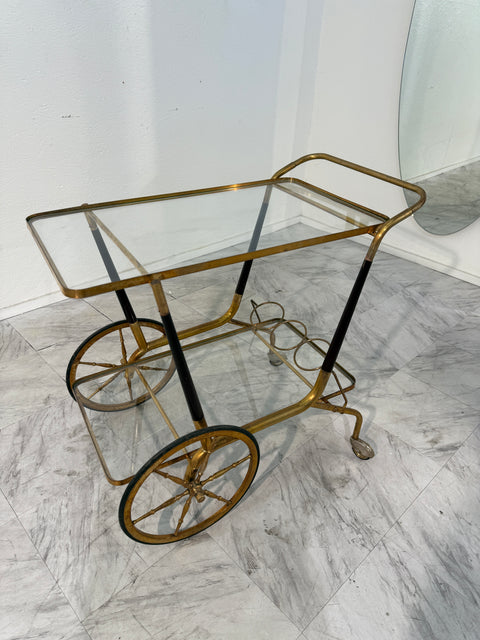 Italian Brass and Glass Bar Cart with Bottle Holder, 1950s