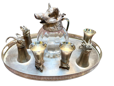 Italian Silver-Plated Animal Head Decanter and Goblet Set by Valenti, 1960s