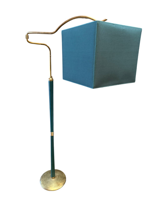 Mid-Century Modern Brass Floor Lamp with Teal Fabric Shade