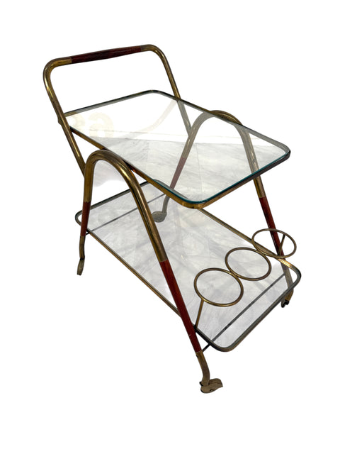 Italian Brass & Glass Bar Cart with Bottle Holder