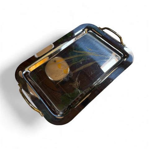 Silver Plated Serving Tray with Golden Floral Etching