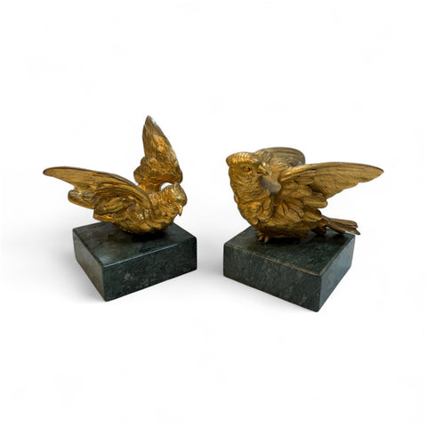 Pair of Gilded Bronze Bird Sculpture on Marble Base