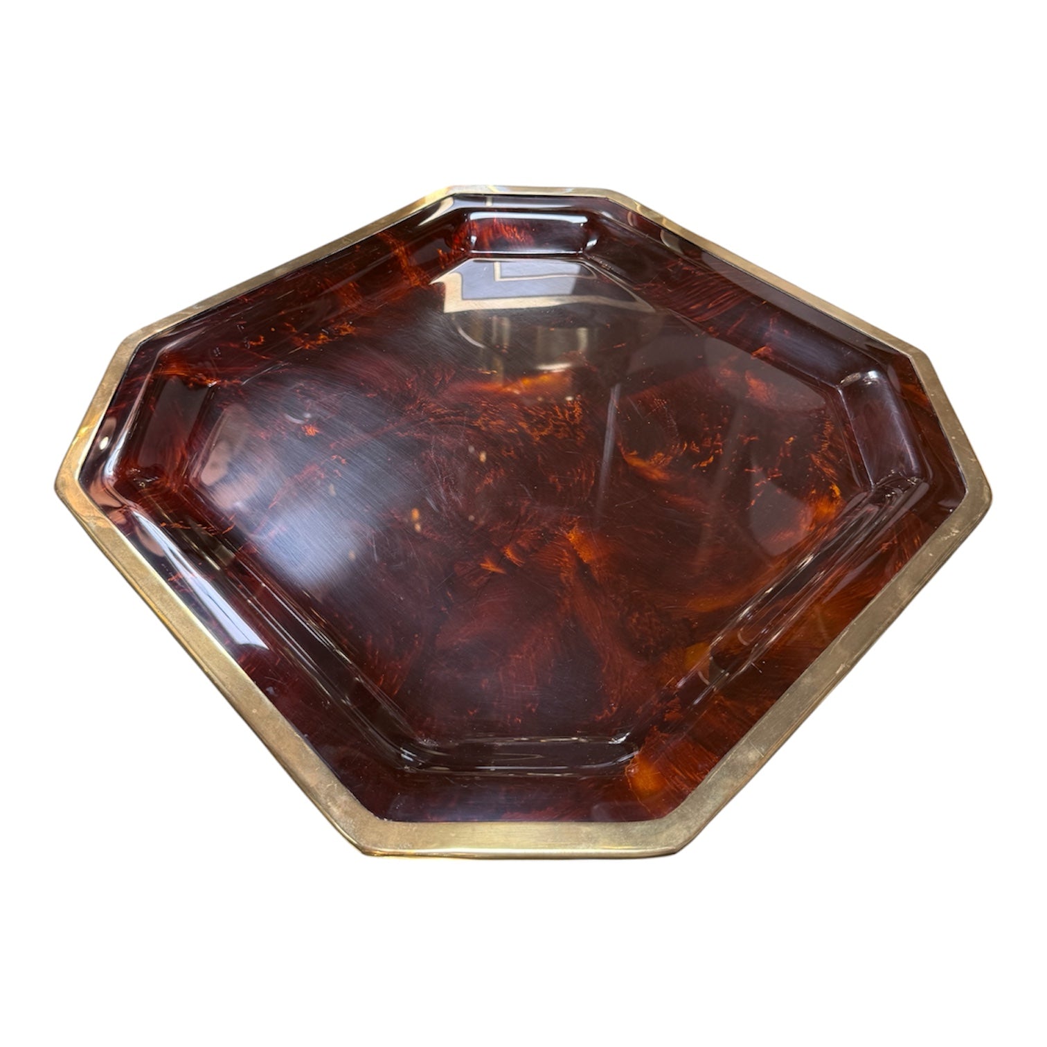 Vintage Octagonal Tortoiseshell-Style Serving Tray with Brass-Tone Rim