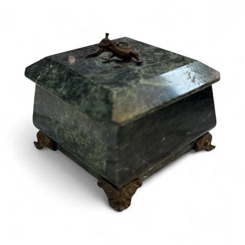 Green Marble Box with Bronze Accents and Animal Finial