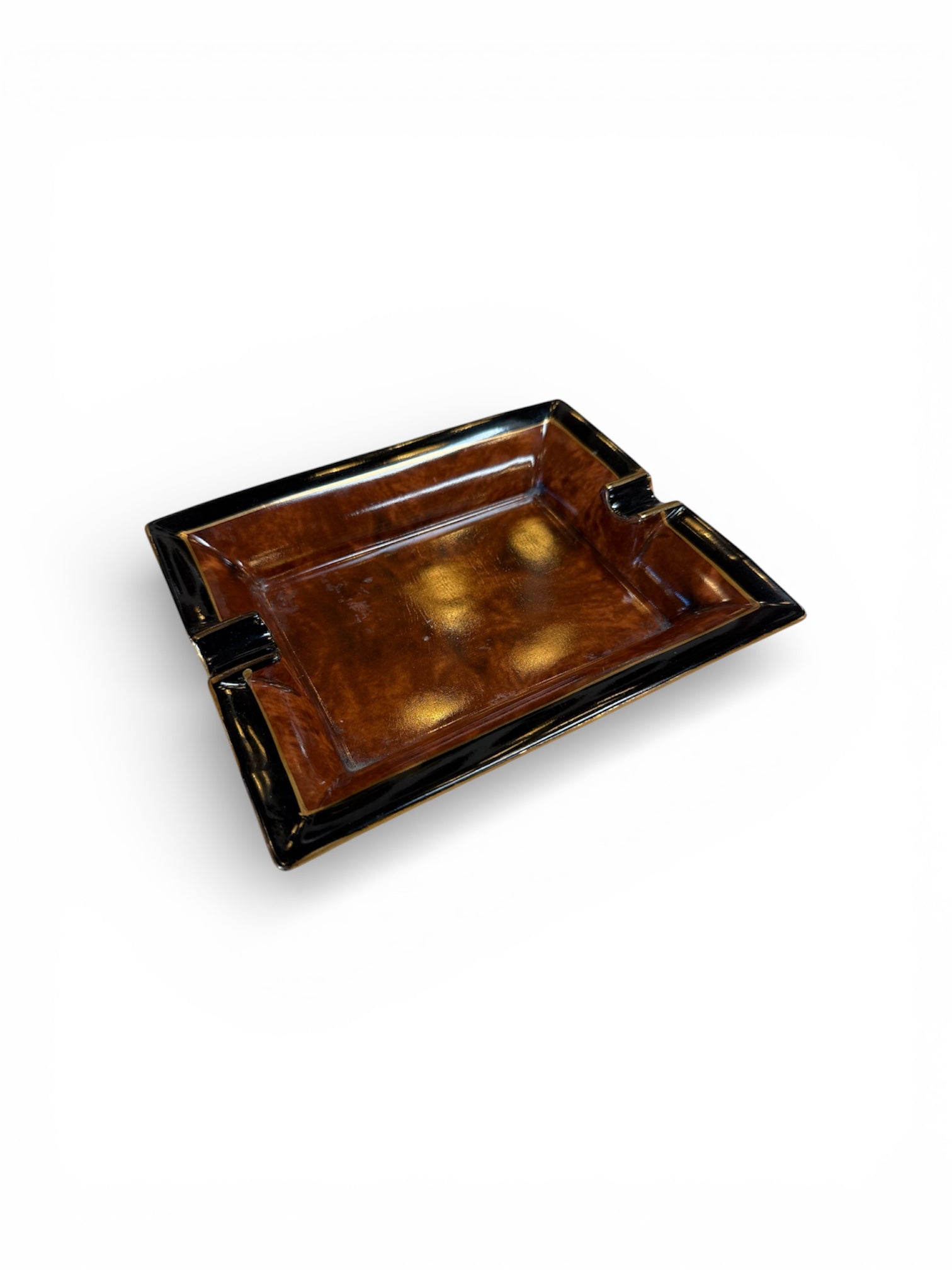 Vintage Italian Ceramic Ashtray with Brown Glaze and Black Border, 1970s