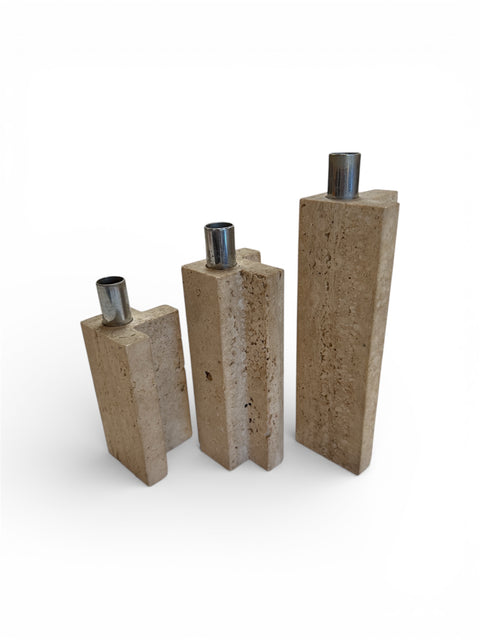 Set of Three Travertine and Chrome Candleholders by C.L.A.M., Italy, 1970s