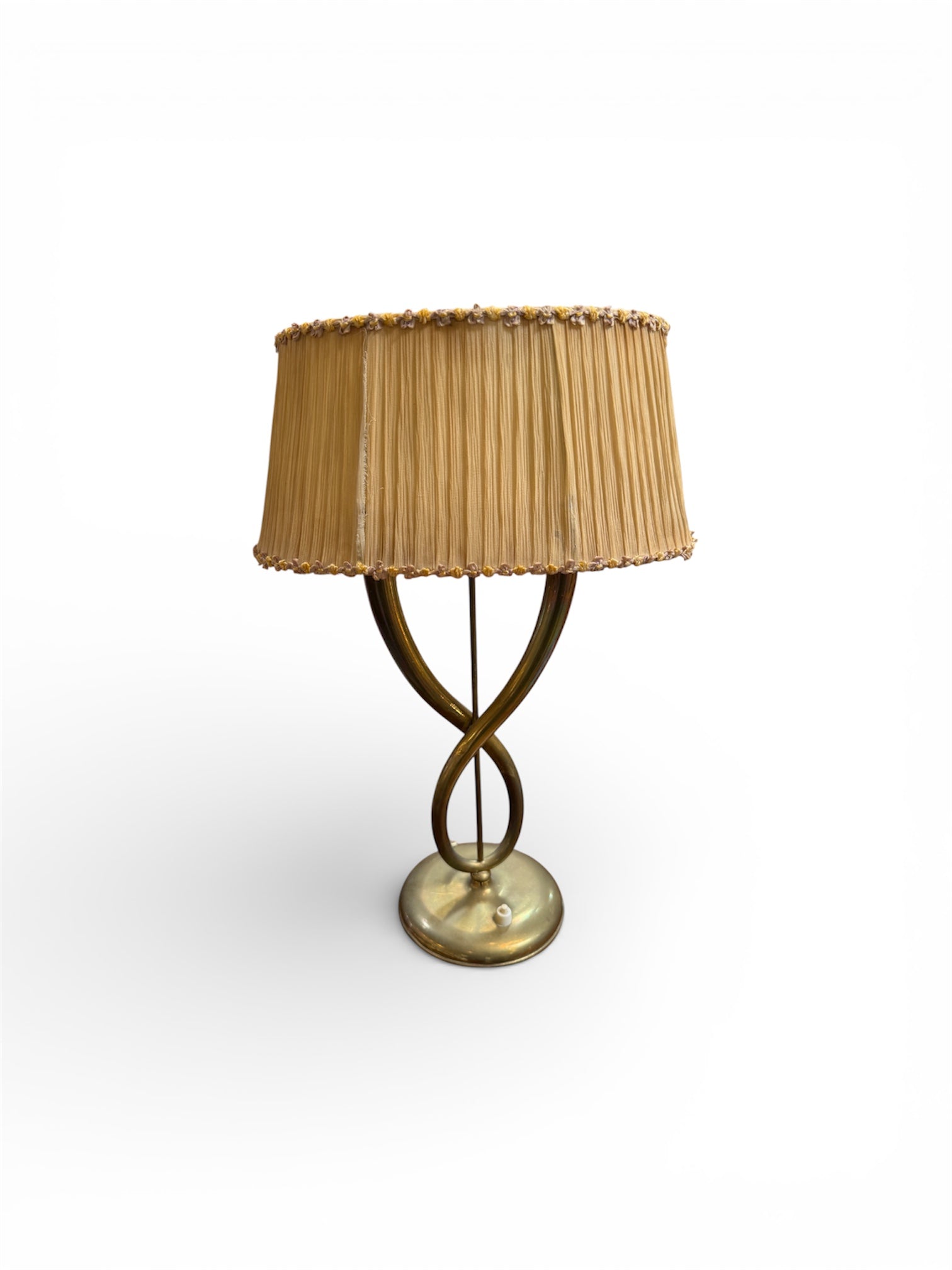 Italian Brass Table Lamp with Twisted Loop Base and Pleated Shade, 1950s