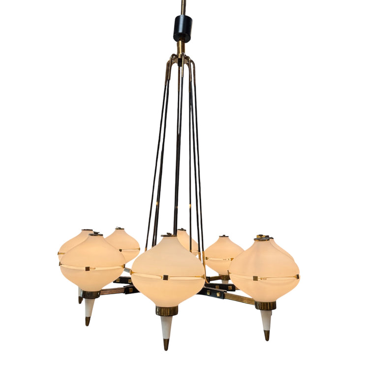 Vintage Opaline Glass Chandelier with Brass & Black Accents