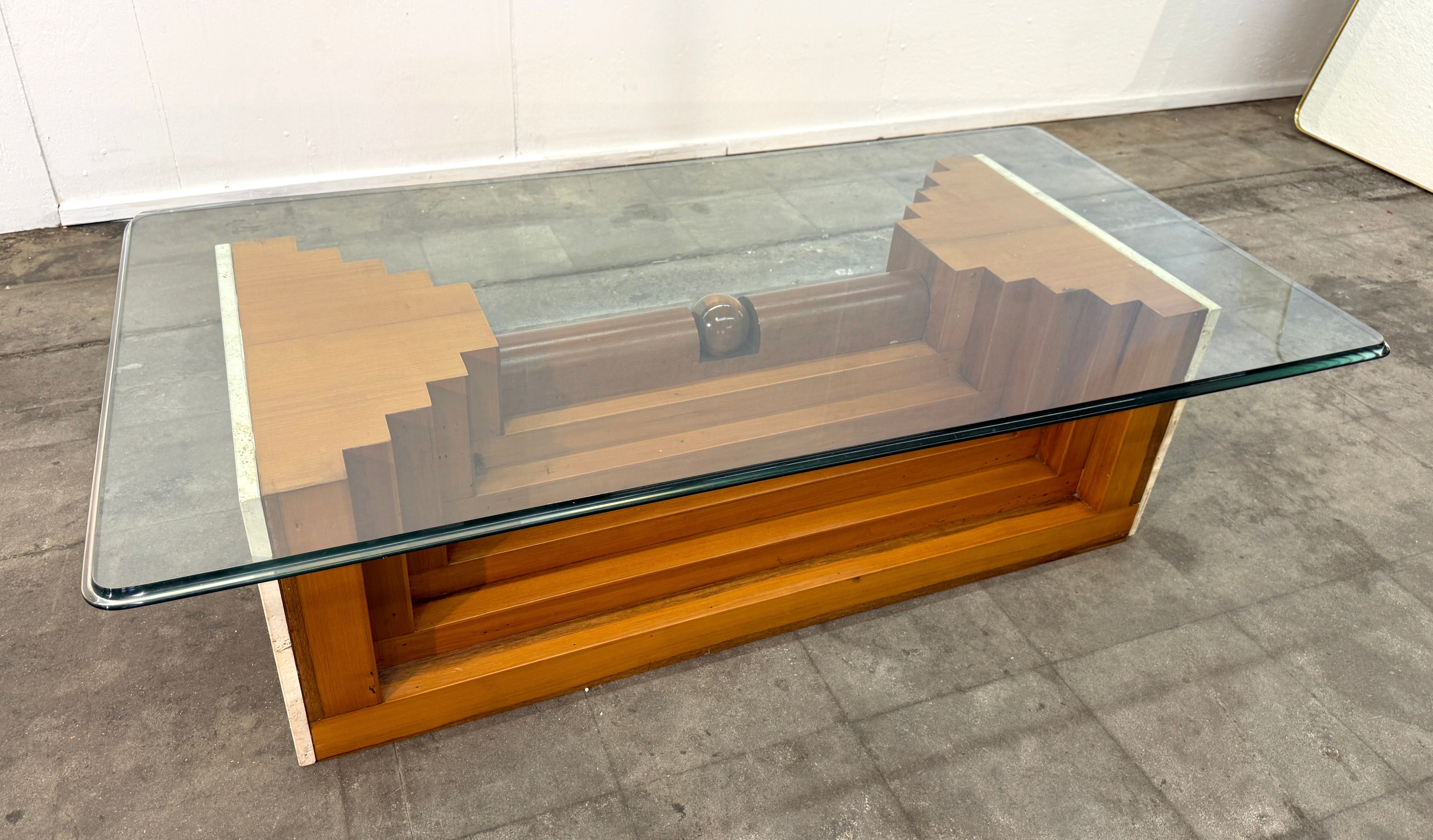 Italian Modernist Wood and Glass Coffee Table with Sculptural Base, 1970s by Giuseppe Rivadossi