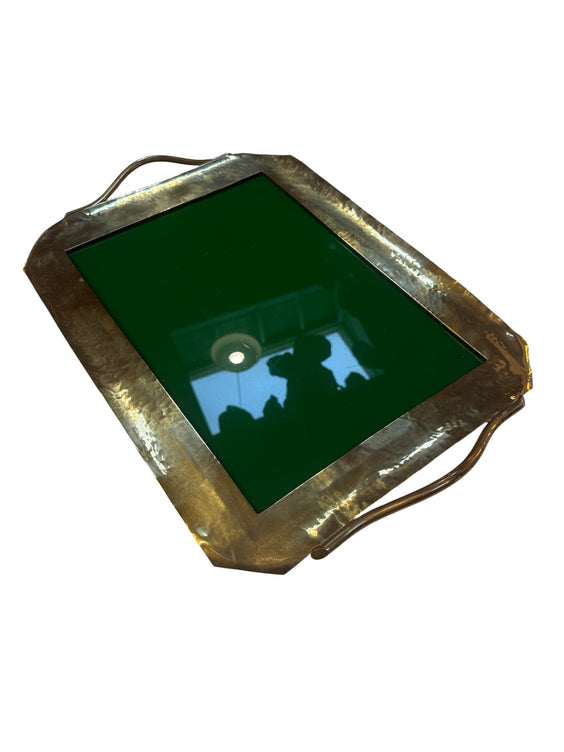 Vintage Brass Tray with Green Glass Insert