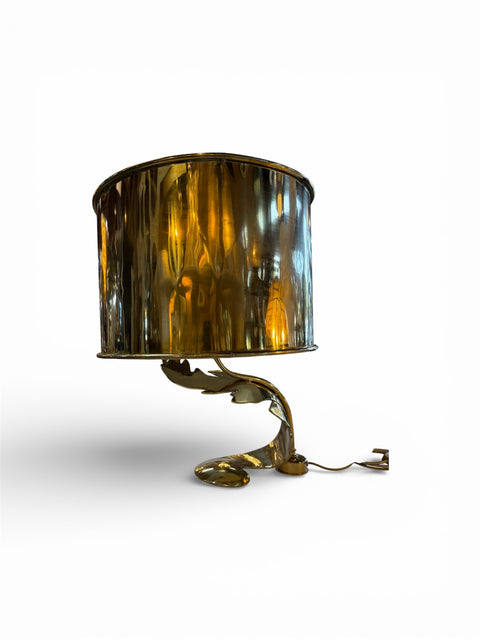 Italian Sculptural Brass Table Lamp with Cylindrical Shade, 1970s