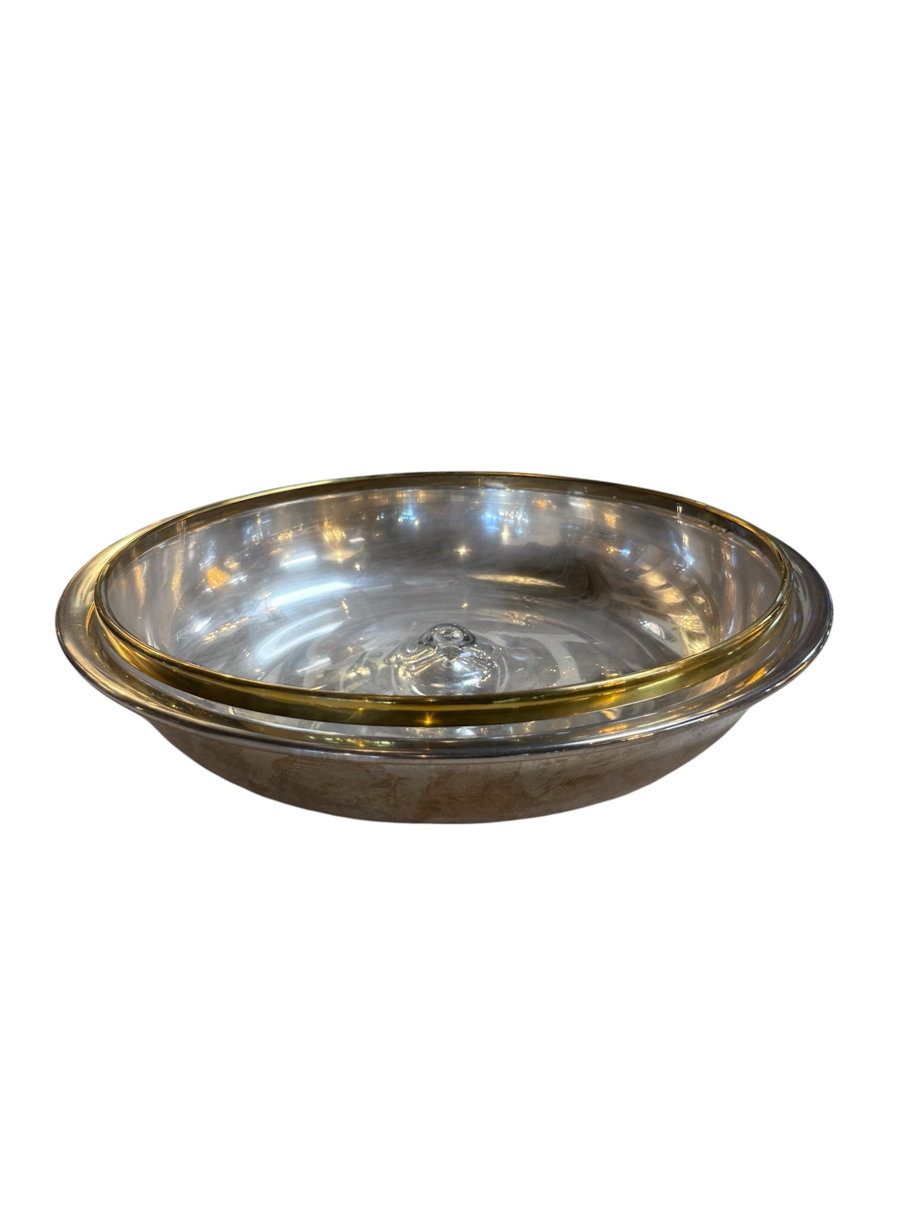 Italian Glass and Silver-Plate Serving Bowl with Brass Rim, 1970s
