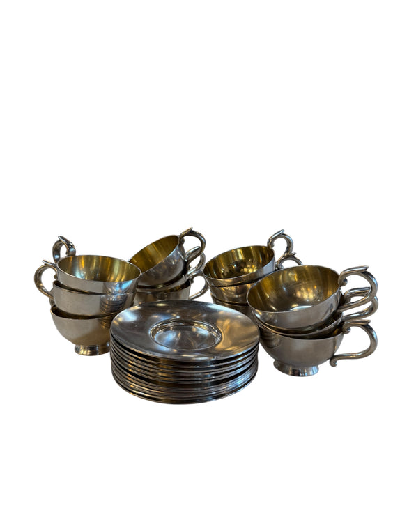 Italian Silver-Plate Tea Cup and Saucer Set, 12 Pieces, Mid-Century