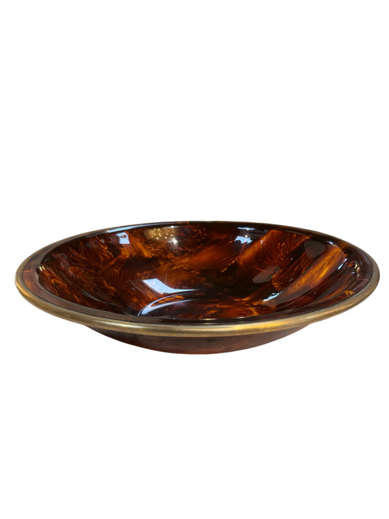 Vintage Amber Swirl Glass Bowl with Brass Rim