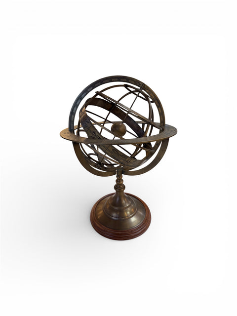 Brass Armillary Sphere on Wooden Base, Celestial Decorative Object