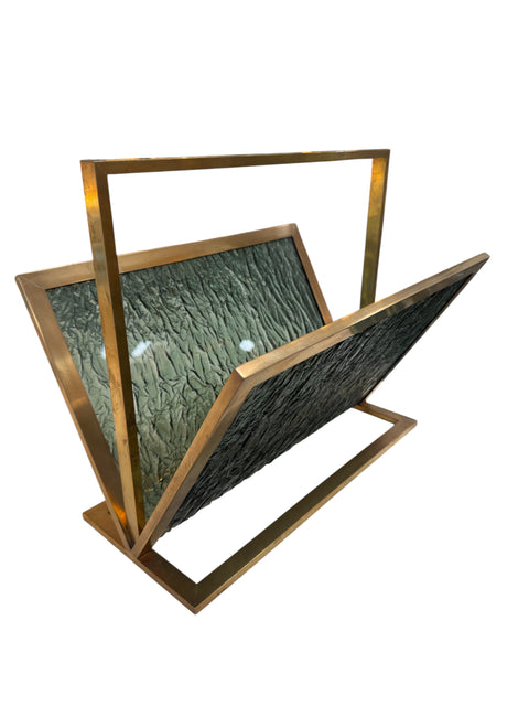 Mid-Century Brass and Green Plexiglass Magazine Holder, Italy