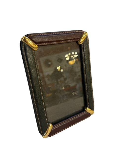 Italian Leather Picture Frame with Gilt Metal Corner Accents, 1970s