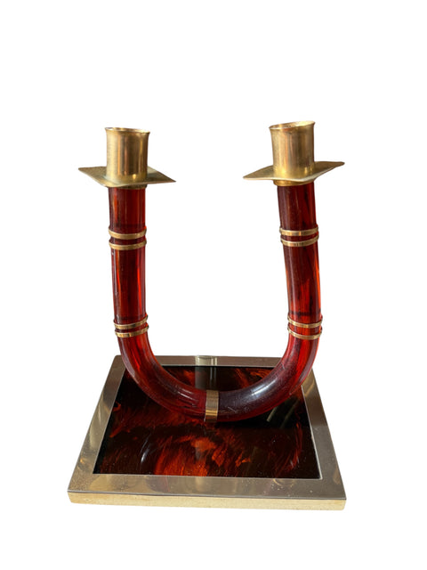 Italian Tortoiseshell Lucite and Brass Double Candlestick, 1970s